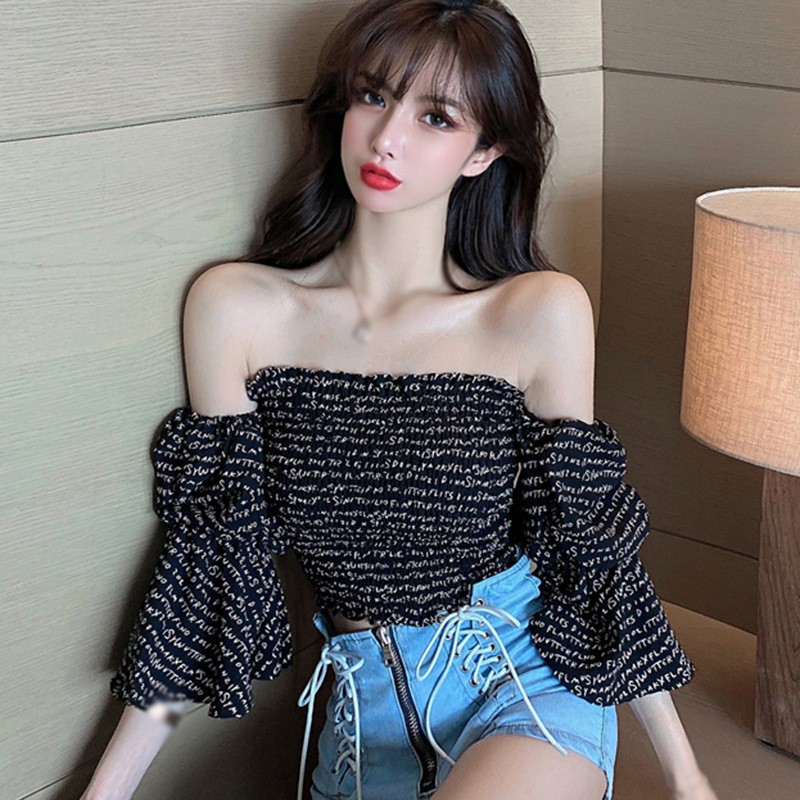Áo Croptop Trễ Vai In Chữ Gợi Cảm Cho Nữ
