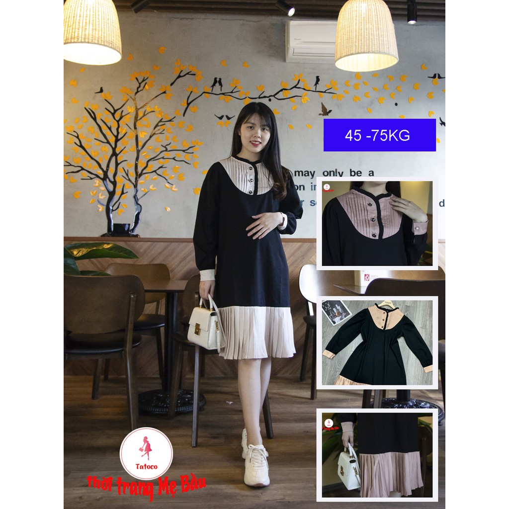 Váy bầu thiết kế dài tay thun 2 da phối lụa von dập ly cao cấp ( hình thật +video)size S/M tương đương 45 -75kg
