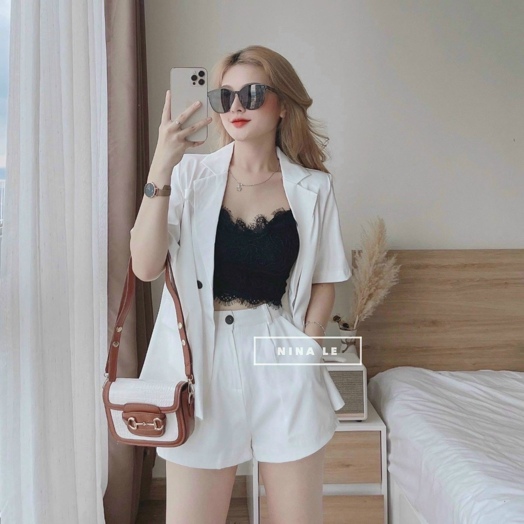 (Sale FreeShip)Sét 3 món thiết kế áo vest tay ngắn phối quần có túi kèm bra có mút,chất for cao cấp lên from chuẩn