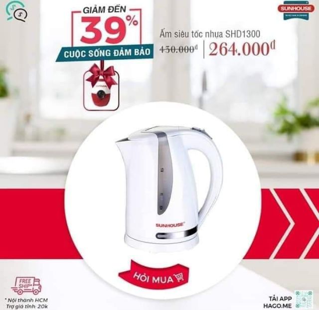 Ấm siêu tốc nhựa Shunhouse 1,7L Model : SHD1300 quà tặng từ sữa Ensure .