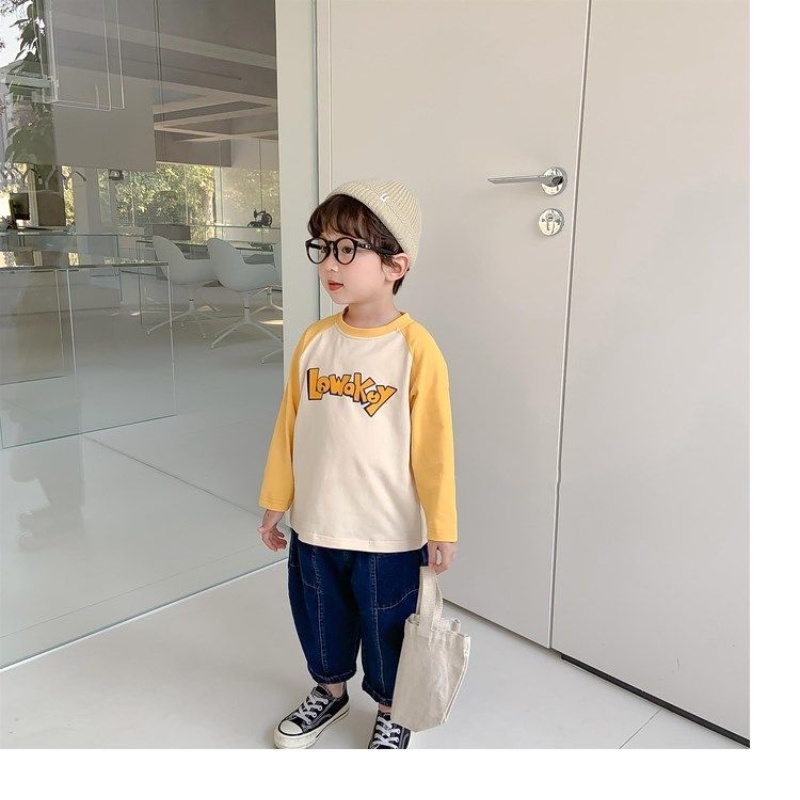 Áo Thun Dài Tay Phối Màu Tương Phản Thời Trang Cho Bé Trai