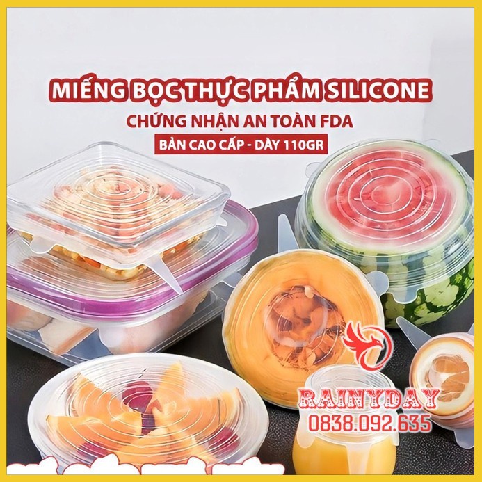 Bộ 6 nắp đậy silicon thực phẩm thức ăn miếng bọc đồ tô chén ly cốc đa năng [ LOẠI 1 ]