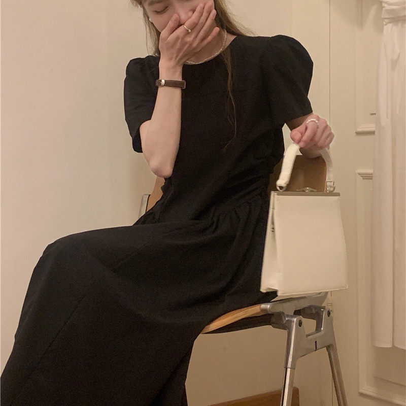 Đầm SUXI tay ngắn cổ tròn đơn giản phong cách Hàn Quốc