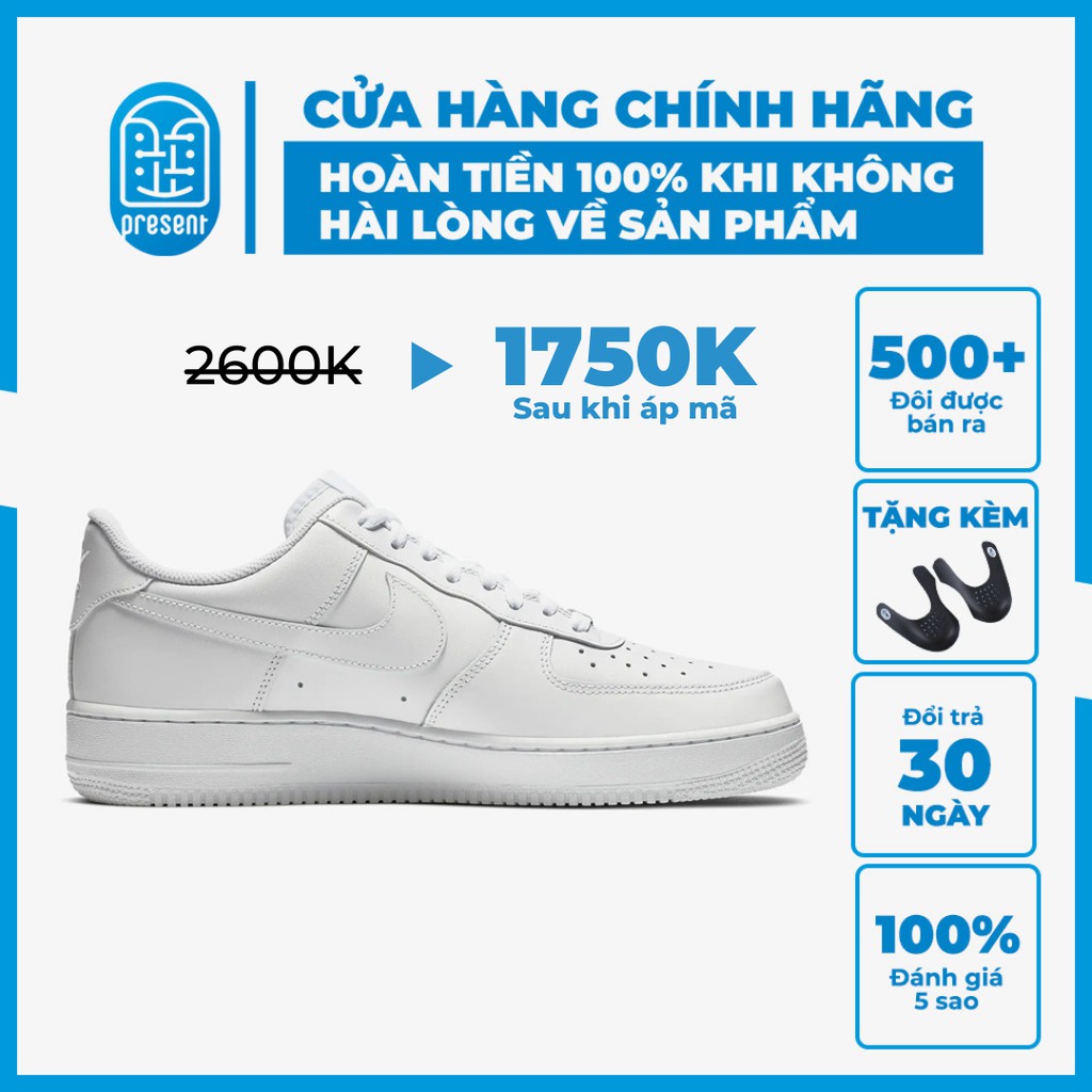 Giày sneaker Nike Air Force 1 chính hãng cho nam nữ, AF1 trắng thấp cổ full box Present Original Sneakers