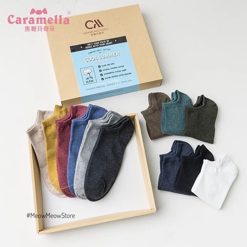 Hộp 12 đôi vớ trơn cao cấp hãng Caramella chất vải cotton mềm mại thấm hút mồ hôi