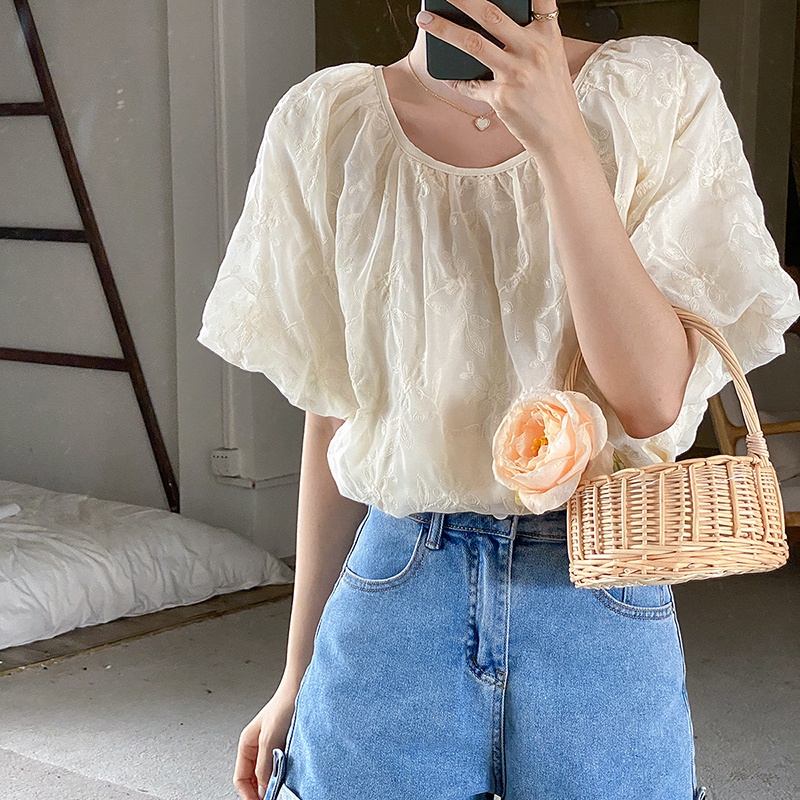 Áo Ren Cổ Tròn Thêu Họa Tiết Xinh Xắn Theo Phong Cách Retro Pháp 52852