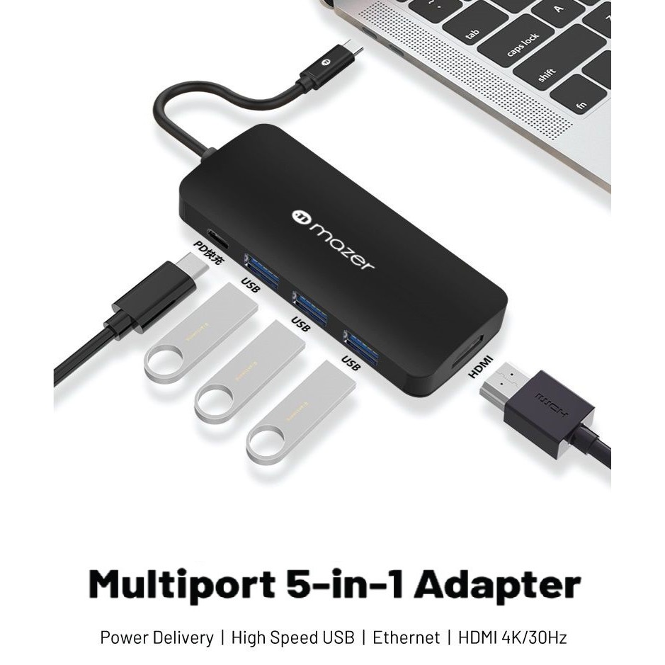 Cổng Chuyển Đổi Mazer USB-C 5-in-1 HUB hỗ trợ mở rộng HDMI 4K, USB 3.0 cho Laptop, điện thoại và Macbook, Bảo hành 5 năm