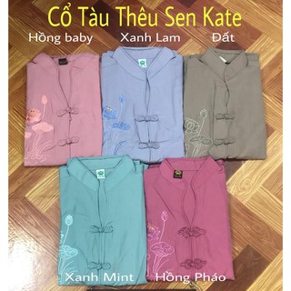 Bộ áo đi chùa, áo phật tử cổ tàu thêu hoa sen chất Kate hàng loại 1 đẹp