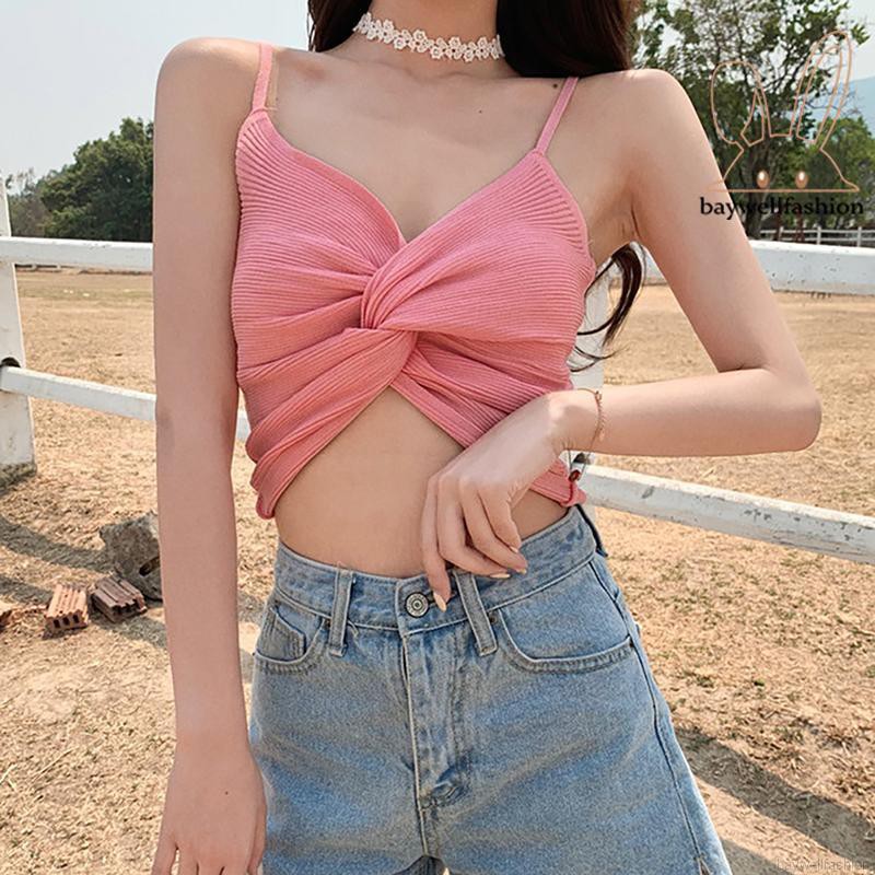 Áo Croptop Dệt Kim Sát Nách Thiết Kế Cổ Chữ V Khoét Sâu Quyến Rũ