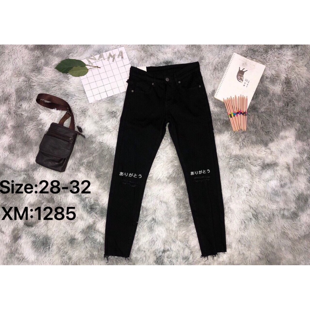 Quần jean nam co giãn cao cấp chất bò rách gối in chữ mẫu mới AHFASHION | BigBuy360 - bigbuy360.vn