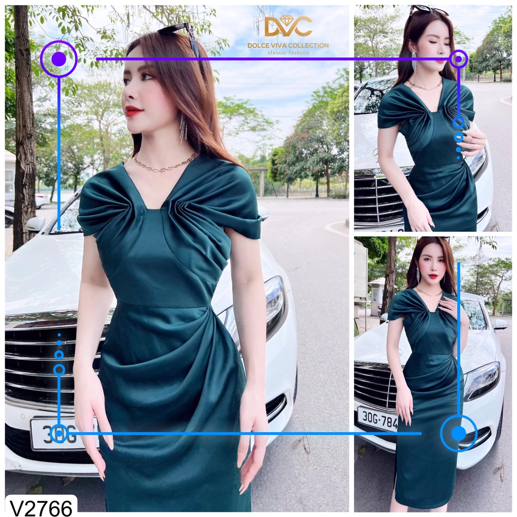 [DVC] Váy body dự tiệc xanh đậm cổ vịt xếp ly ngực sang chảnh V2766
