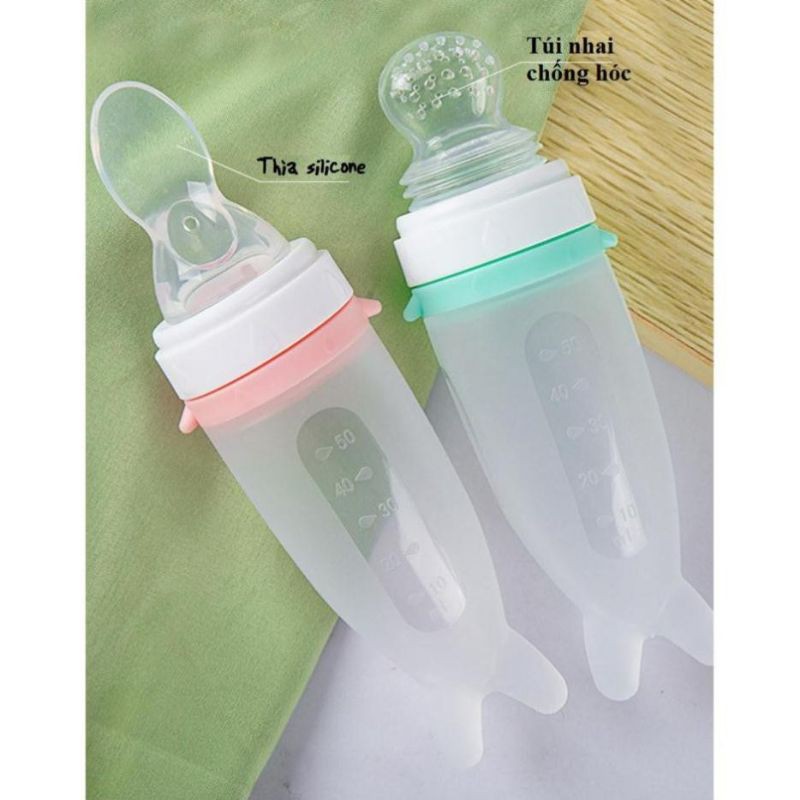 Bình thìa ăn dặm silicone 2in1 siêu mềm hình cá heo kèm núm nhai ăn dặm thông minh chống hóc cho bé Sami Nhật bản