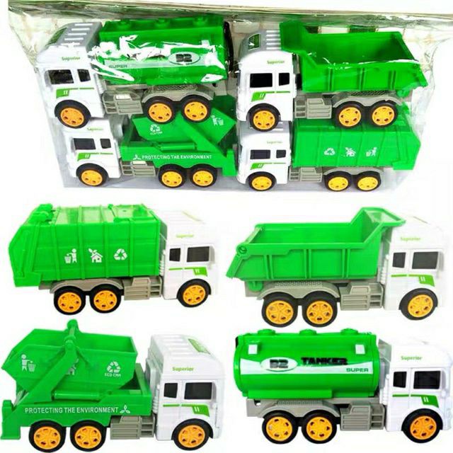 Set 4 Ô Tô Mô Phỏng Xe Cuốn Ép Rác+ Xe Chở Rác Thùng Kín+ Xe Chở Bùn+ Xe Phân Loại Rác