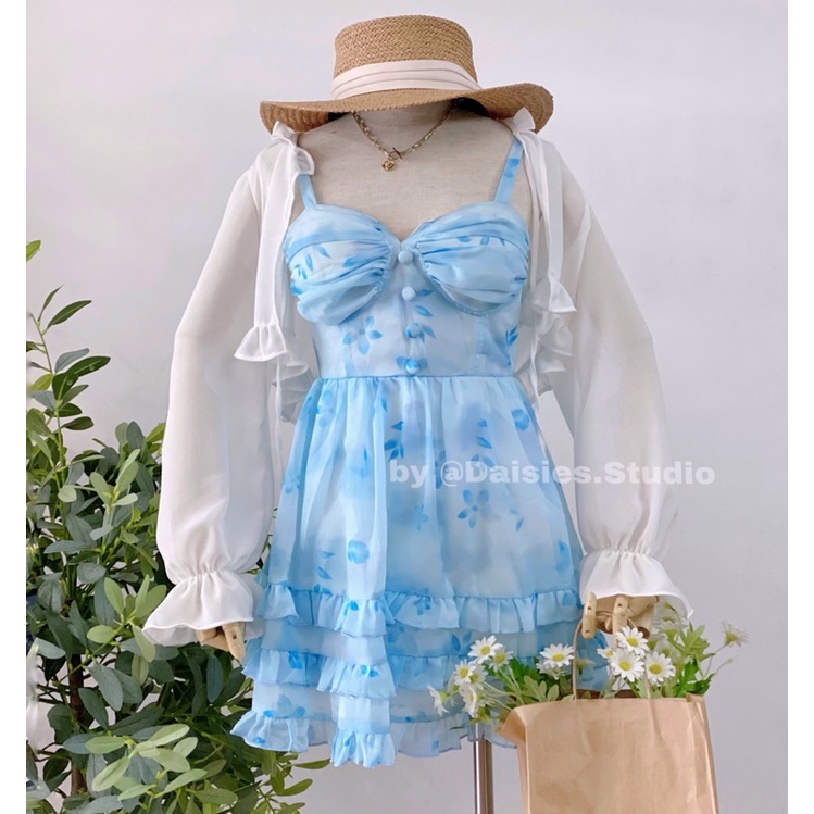 Váy 2 Dây Xoè Tầng Màu Xanh Blue Kèm Áo Khoác Mỏng Nhẹ (hàng loại 1 có mút) Đầm Xoè Dáng Ngắn
