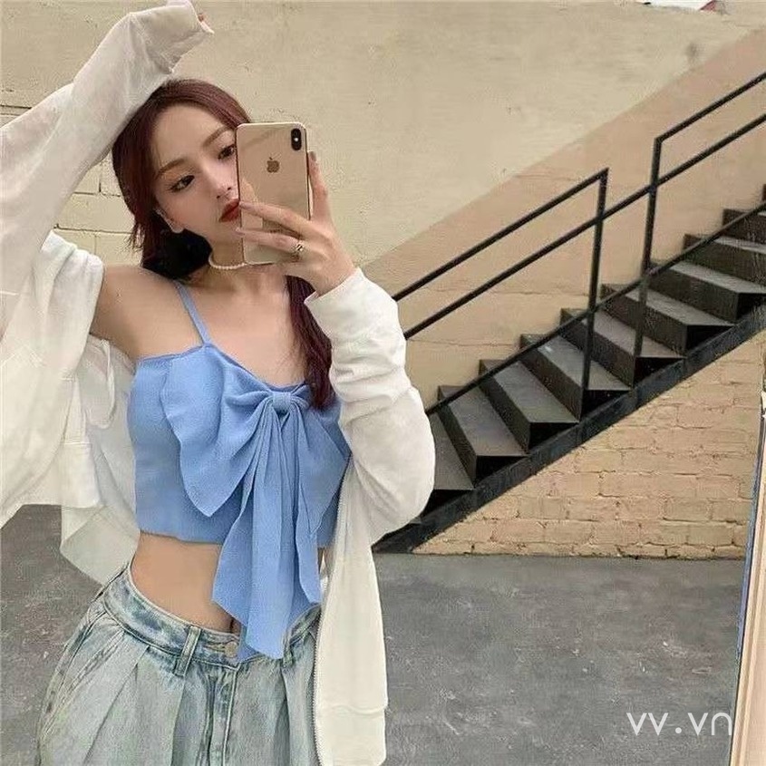 Áo Dệt Kim Sát Nách Dáng Ôm Đính Nơ Màu Sắc Đơn Giản Phong Cách Hàn Quốc Cho Nữ