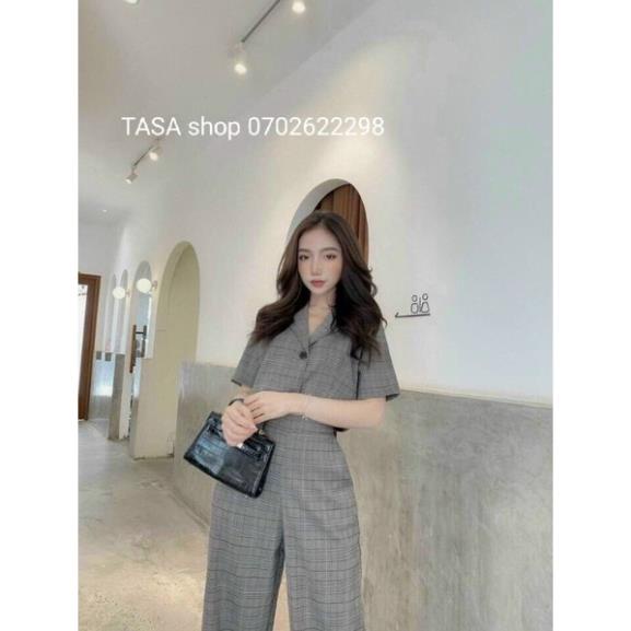 TCO-ảnh thật, Sét bộ caro áo croptopcổ vest tay ngắn cài nút kèm quần dài for mềm cực chất trẻ trung TASA