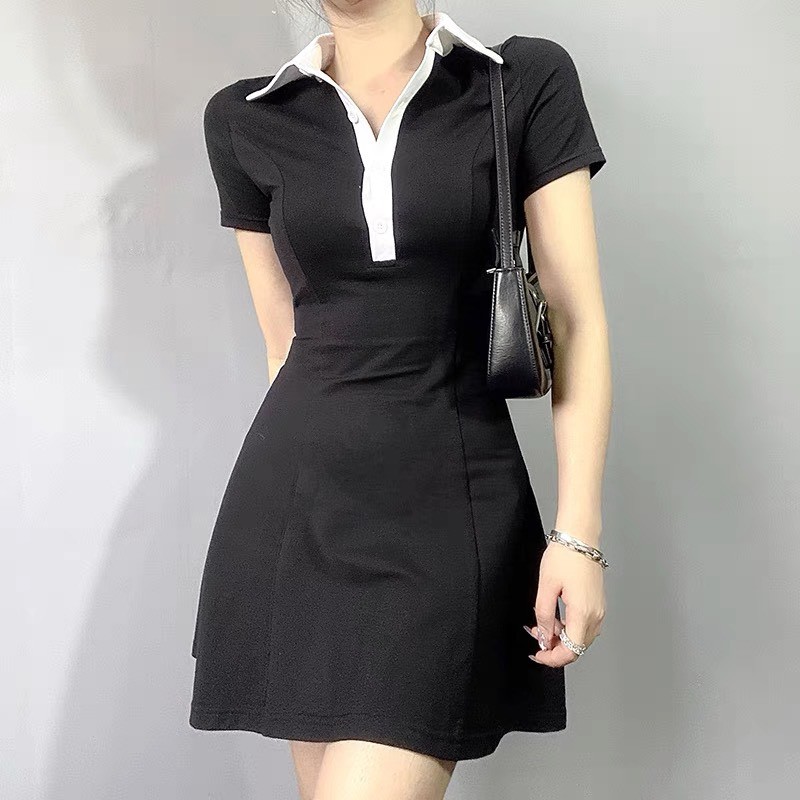 đầm polo ⚡Bán Lỗ⚡Đầm nữ cổ sơ mi dáng ôm body, thun cộc tay màu ĐEN Ulzzang [v07]