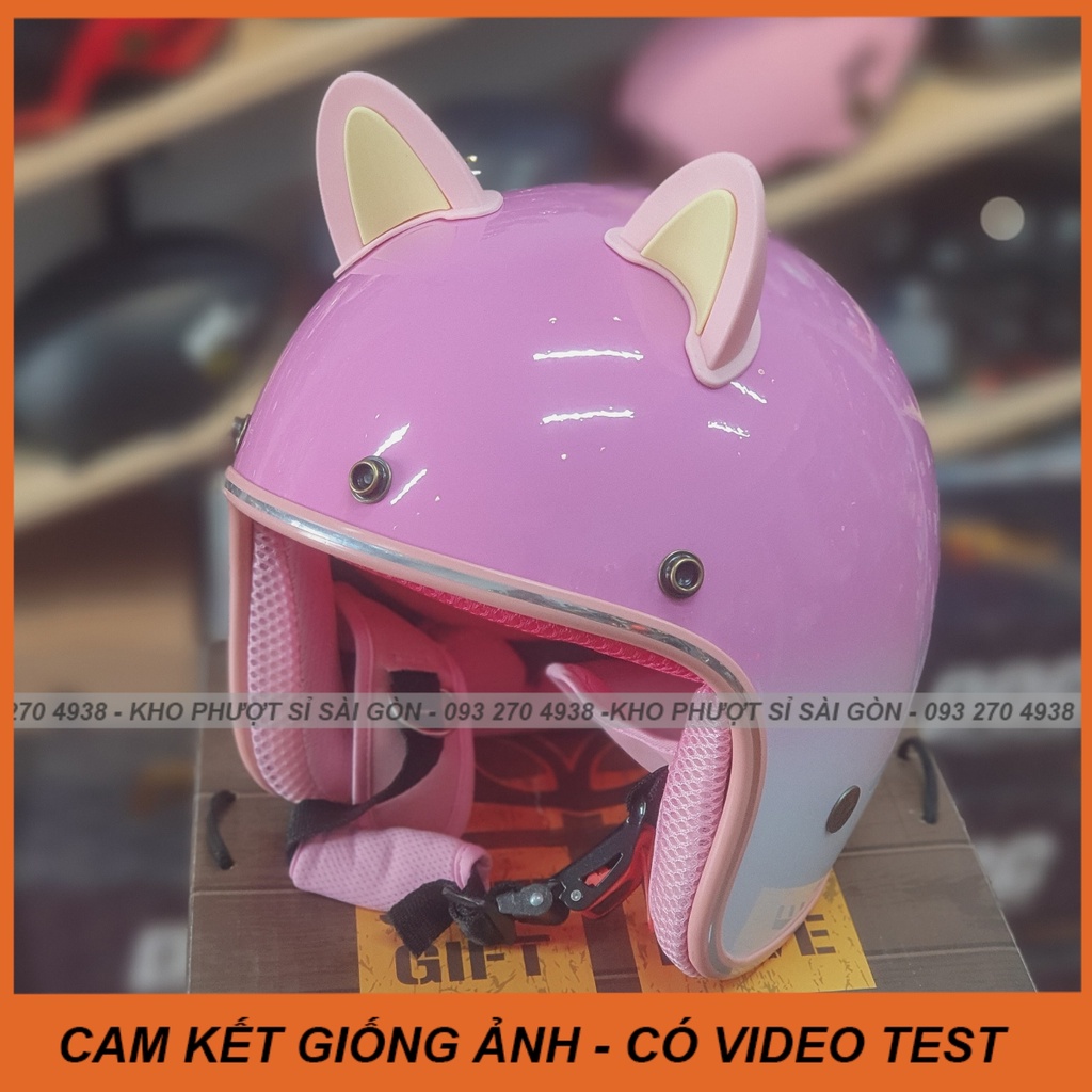 Nón phượt 3/4 màu đen lót đỏ gắn tai mèo nhựa có viền kute cho nam nữ - Mũ bảo hiểm tai mèo