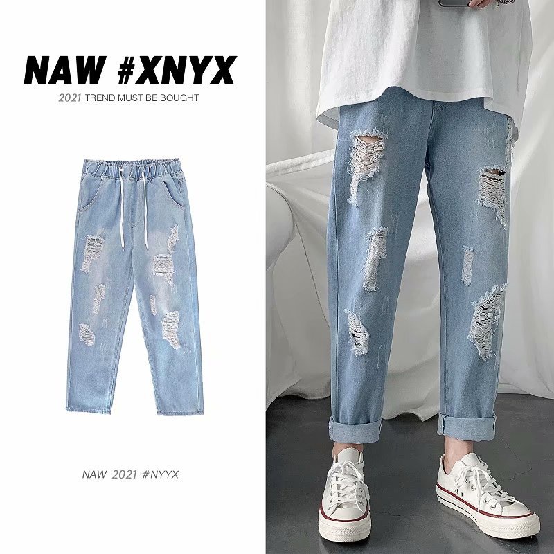 Quần jeans lưng thun ống rộng dài tới mắt cá chân phối rách cá tính thời trang cho nam có size lớn