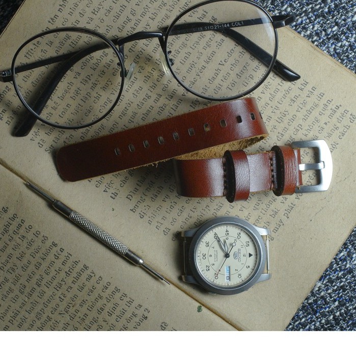 Dây đồng hồ RAM Leather cho CASIO 1200, AE 1200, 1300, 1100, A159 , A168 , Size 18 da bò nâu đỏ Nato