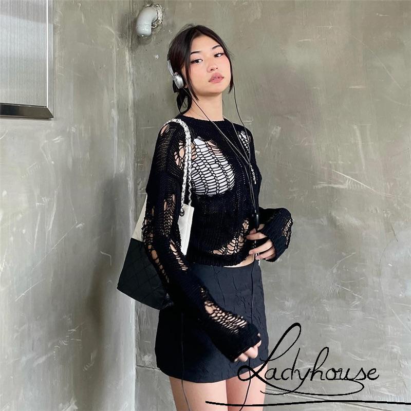 Áo Croptop Dệt Kim Tay Dài Cổ Tròn Màu Sắc Đơn Giản Cho Nữ