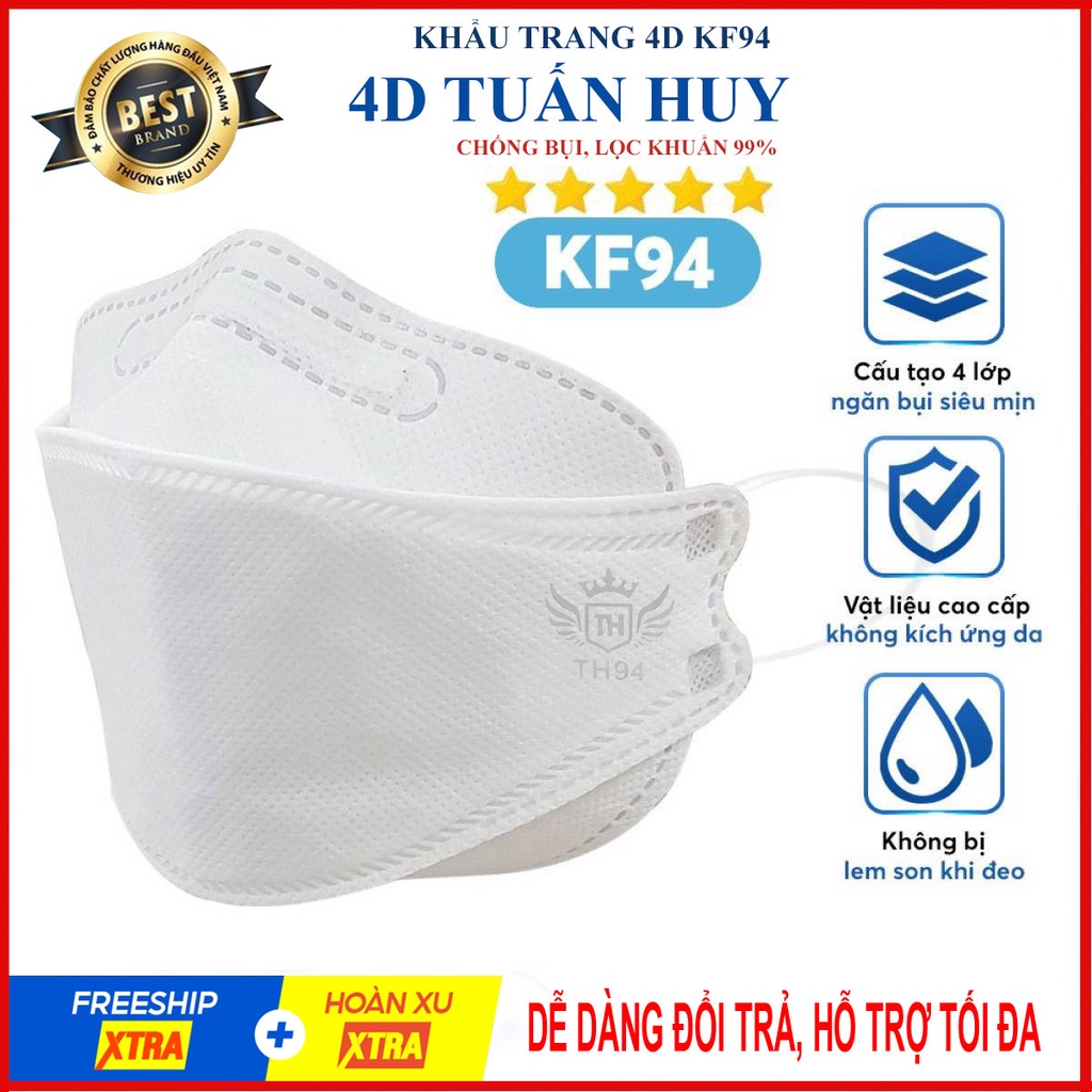 Combo khẩu trang KF94 TUẤN HUY, thiết kế 4D Hàn Quốc Màu Trắng Loại Dày, chống bụi mịn và kháng khuẩn cao cấp