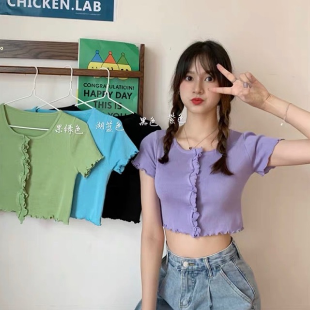 Áo croptop len dệt kim cổ tròn cúc ngực viền lượn sóng 20582 Ulzzang Style Hàng Quảng Châu