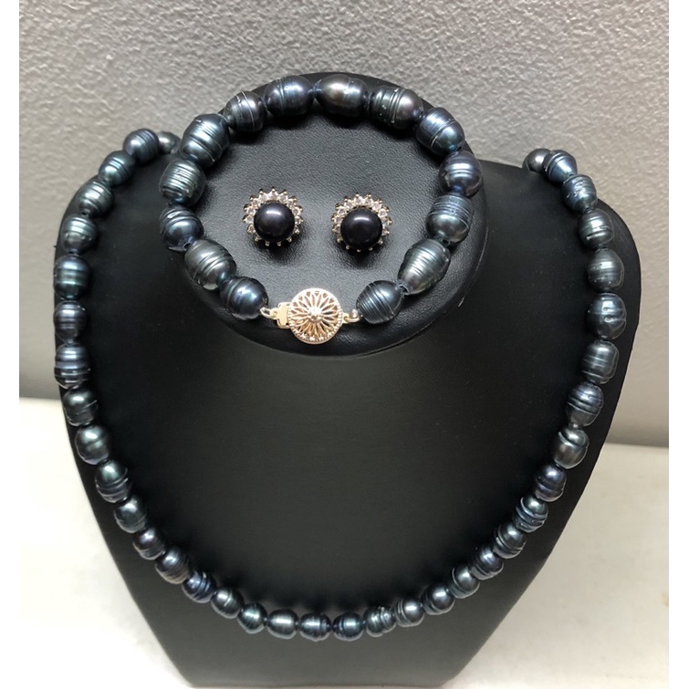 Bộ trang sức hạt ngọc trai nhân tạo rằn đen 12ly
