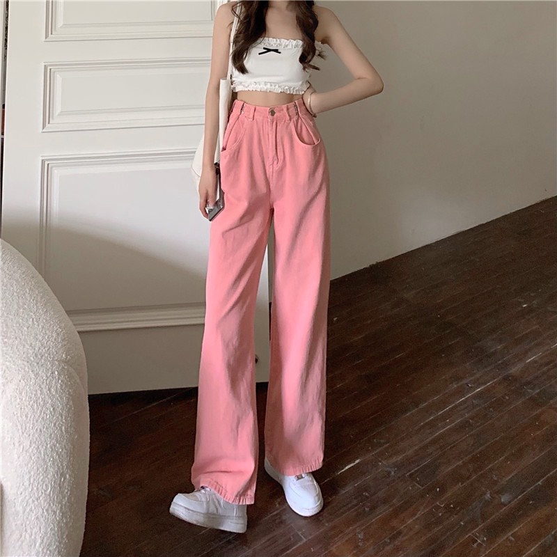 Quần jeans ống suông hồng pastel, có khuy cài bên hông
