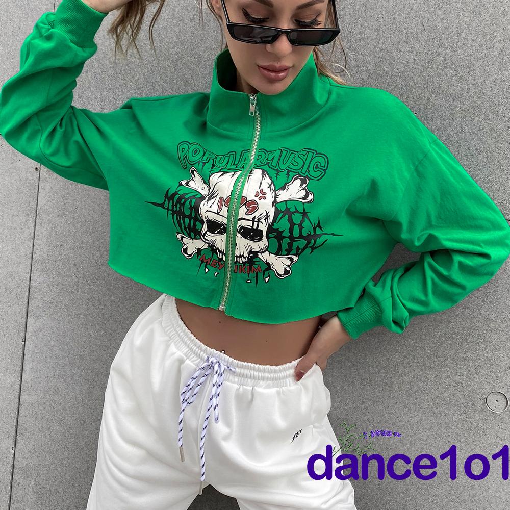 Áo Tay Dài Hoạ Tiết Đầu Lâu Phối Khoá Kéo Cho Phái Nữ