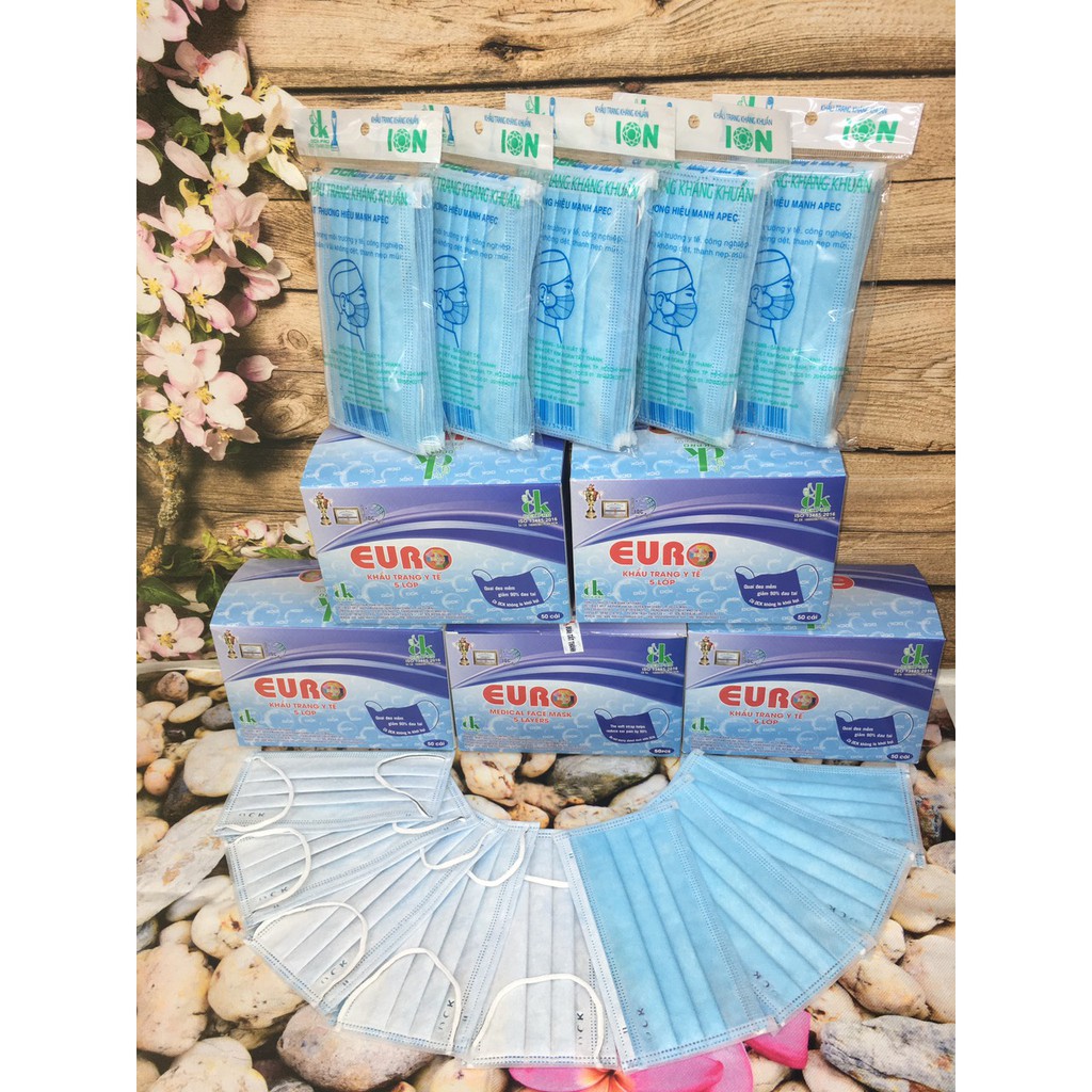 Khẩu Trang Y Tế Euro Xanh 5 Lớp Kháng Khuẩn Tốt 1 Hộp 50 Chiếc