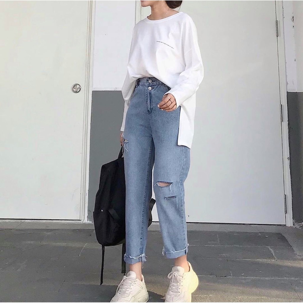 Quần Baggy Jean Nữ 3 Rách Kèm Lưng Thun Sau, Chất Bò Màu Xanh ULZZANG Cực Chất - 511