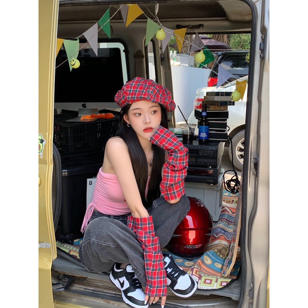 Style Congee Cocoa Mũ Beret Họa Tiết Sọc Caro Đỏ Đầu To Thời Trang Mùa Hè Cho Nữ