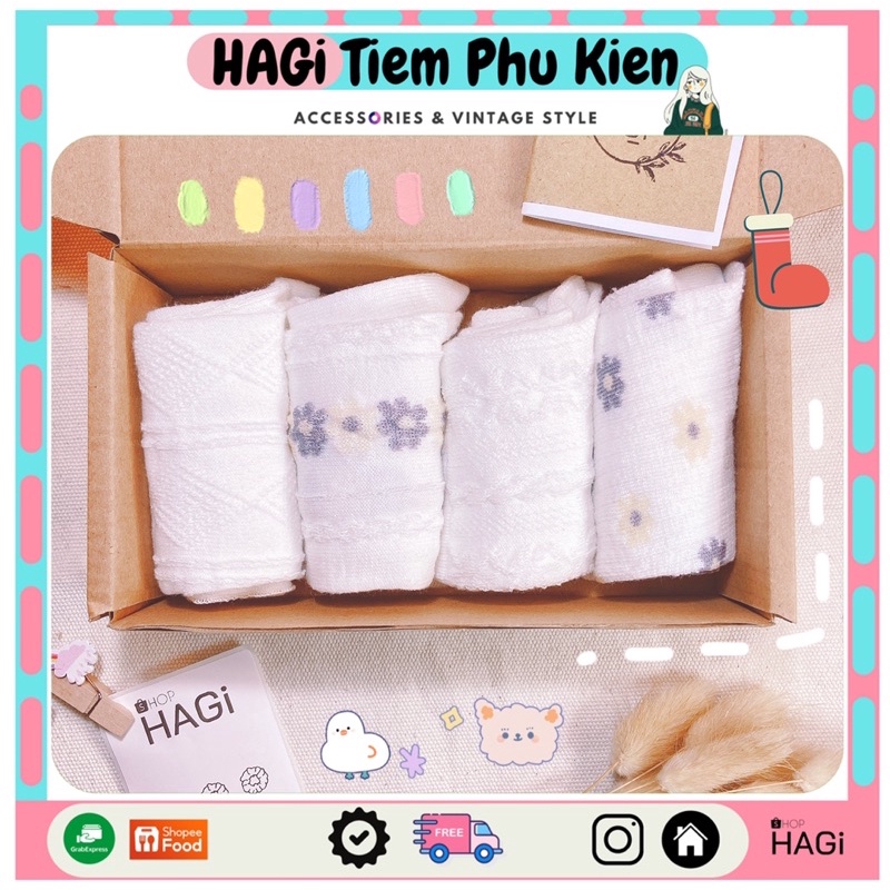 Set 4 Đôi Tất nữ Vintage Trắng Phối Ren Hoạ Tiết Hoa Mùa Xuân Dễ Thương Phong cách Hàn quốc Học sinh Sinh Viên