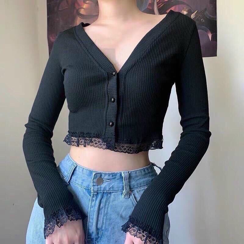 Áo kiểu thun croptop tay dài ren hình thật
