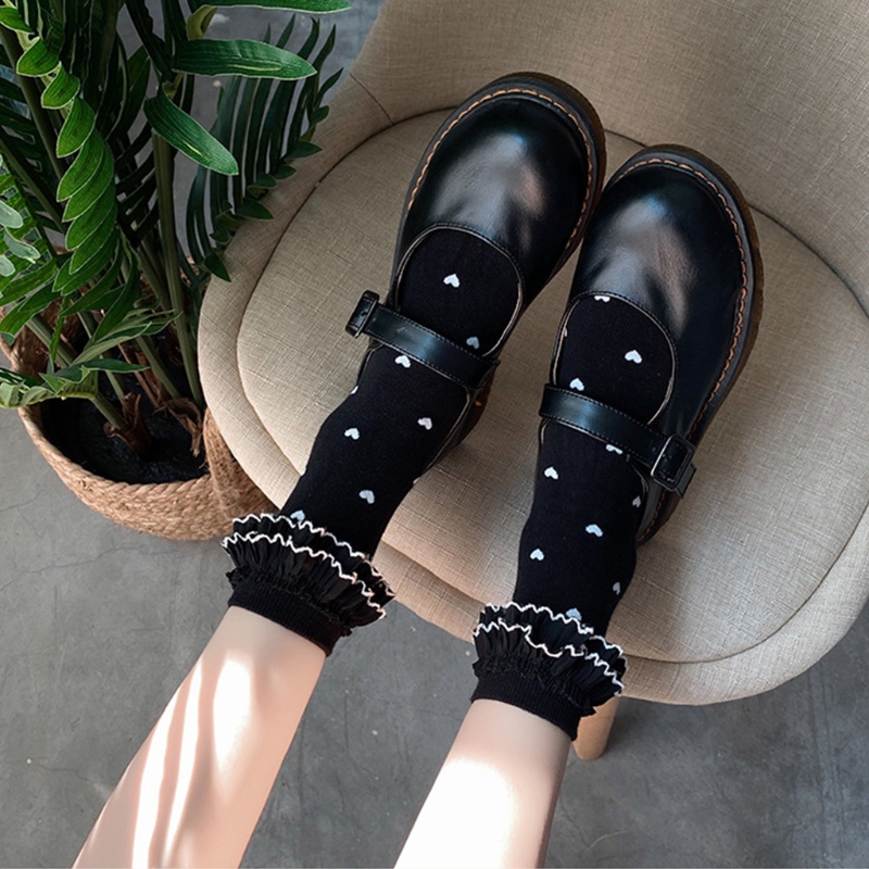 Run Vớ Ngắn Hai Lớp Diềm Xếp Nếp In Họa Tiết Trái Tim Nhỏ Phong Cách Lolita Nhật Bản Ngọt Ngào Cho Nữ Sinh