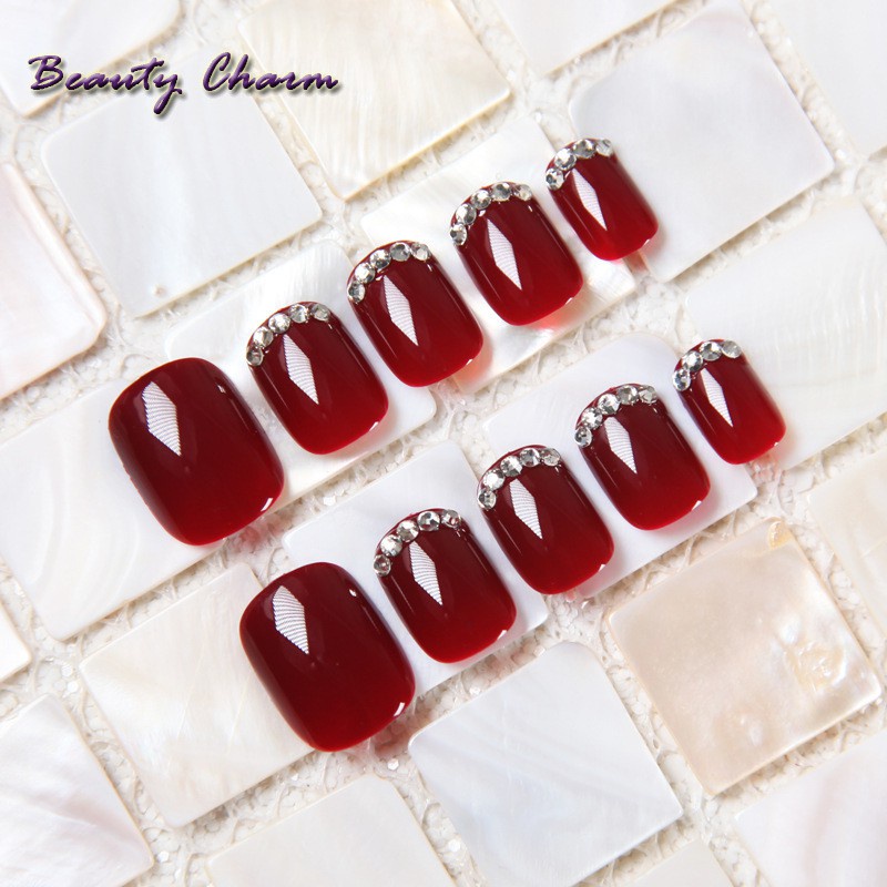 24pcs Detachable Wearable Fake Nails press on autumn and winter wine red color with  diamond factory direct