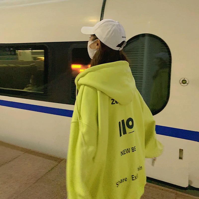 Áo Hoodie Dáng Rộng Màu Xanh Lá Dạ Quang Phong Cách Thời Trang Thu Đông Mới