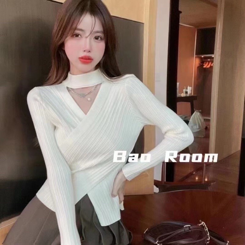 Áo len vạt chéo cổ choker siêu sang, áo len nữ cách điệu phong cách Hàn Quốc