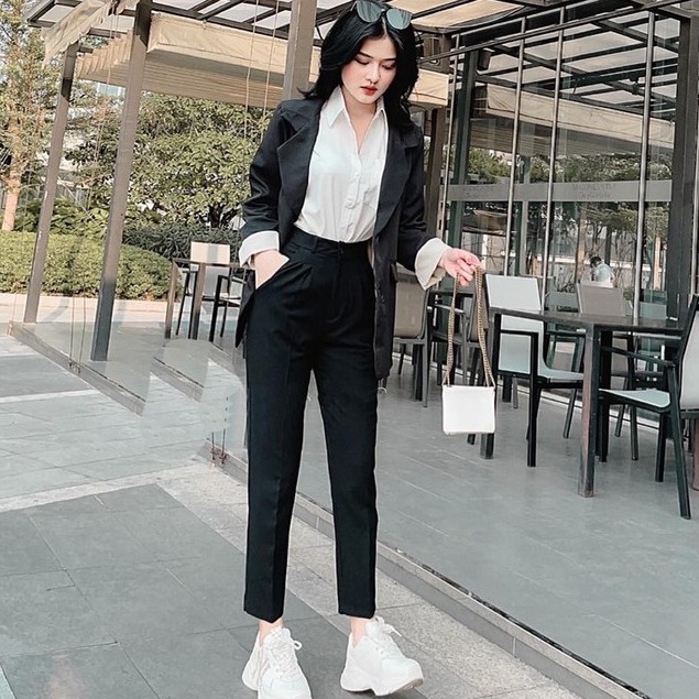 Quần tây nữ công sở lưng cao ống đứng dáng dài có đai co dãn nhẹ chất vải mềm đen Quần vải baggy nữ cạp cao đi học sinh