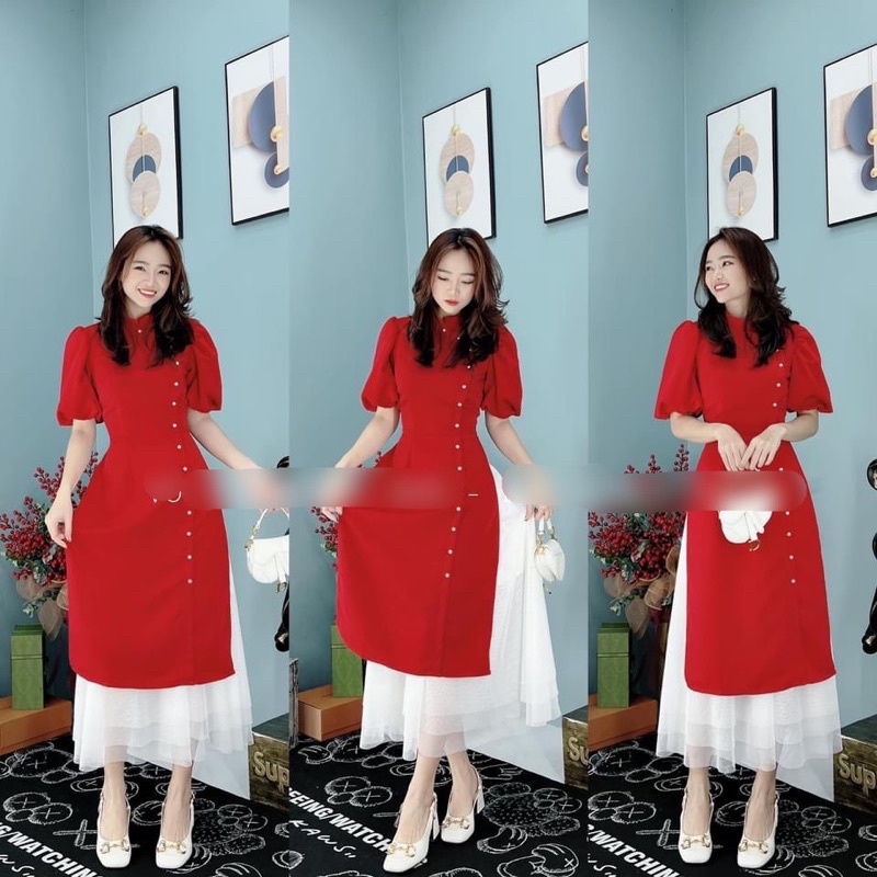 SET ÁO DÀI ĐỎ TAY BỒNG ĐÍNH NÚT + CHÂN VÁY VOAN TRẮNG ĐẦM CÁCH TÂN MANG TẾT