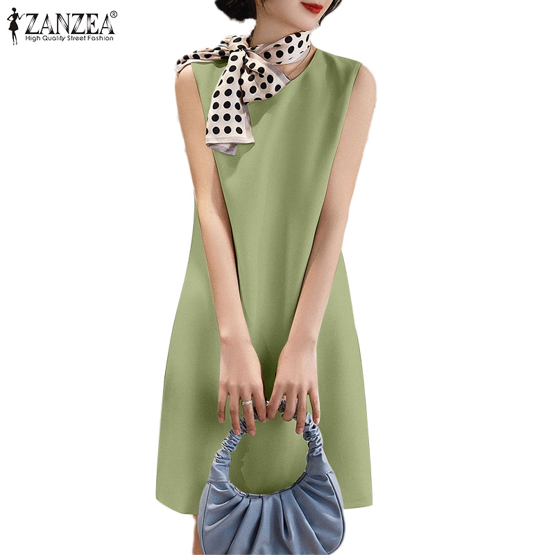 Zanzea Đầm Dài Qua Gối Không Tay Cổ Tròn Màu Trơn Thời Trang Hàn Quốc Thanh Lịch Dành Cho Nữ