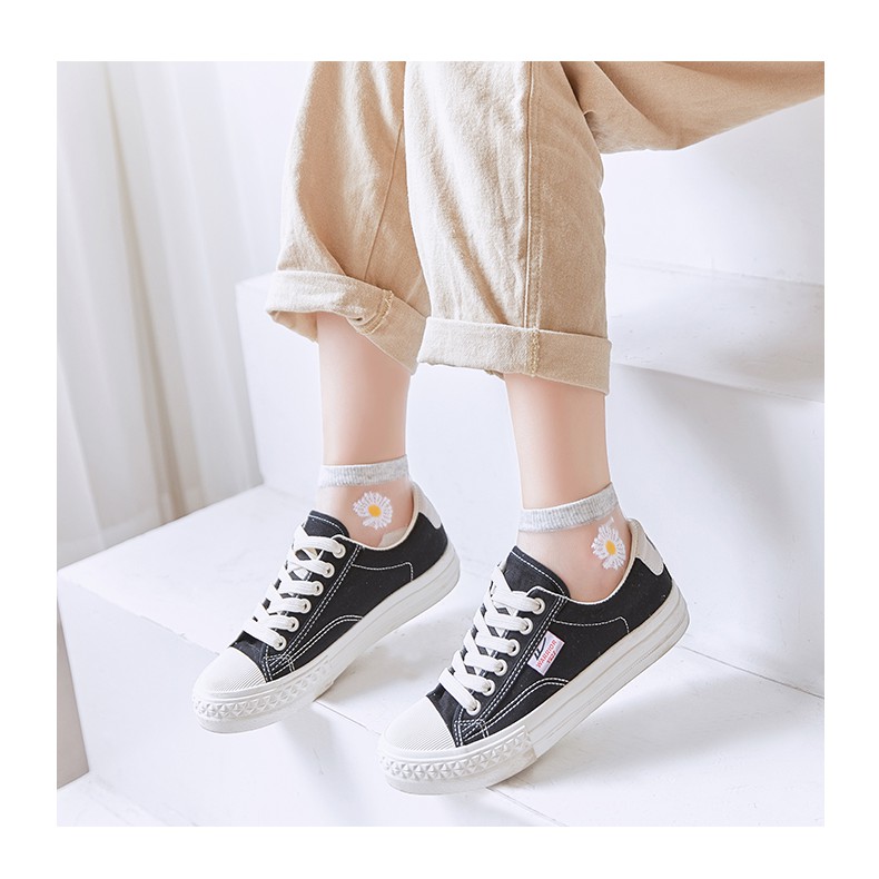Tất Vớ Lười Hoa Cúc Phối Lưới Lụa Siêu Cute, Thoáng Mát, Thêu Hoa Cúc Họa Mi Phong Cách Hàn Quốc Hot Trend