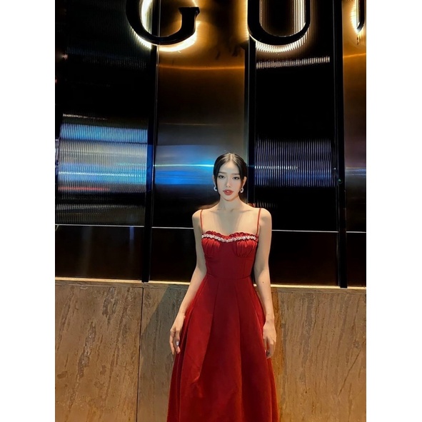 Đầm maxi 2 dây kết đá đen đỏ trắng