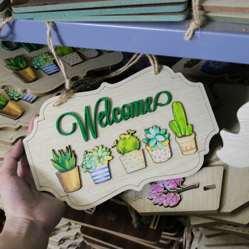Bảng Gỗ Trang Trí Welcome Xương Rồng