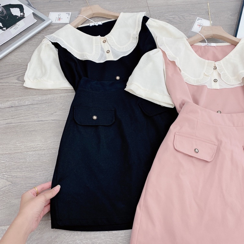 [ 𝐅𝐑𝐄𝐄 𝐒𝐇𝐈𝐏 ] SÉT ÁO PHỐI CỔ BÈO MIXX CHÂN VÁY KAKI 2 DA CHUẨN ĐẸP LUÔN Ạ