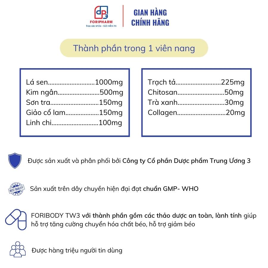 FORIBODY TW3 - Hỗ trợ giảm béo và tăng cường chuyển hóa chất béo - Hộp 30 viên - Dược phẩm Trung Ương 3