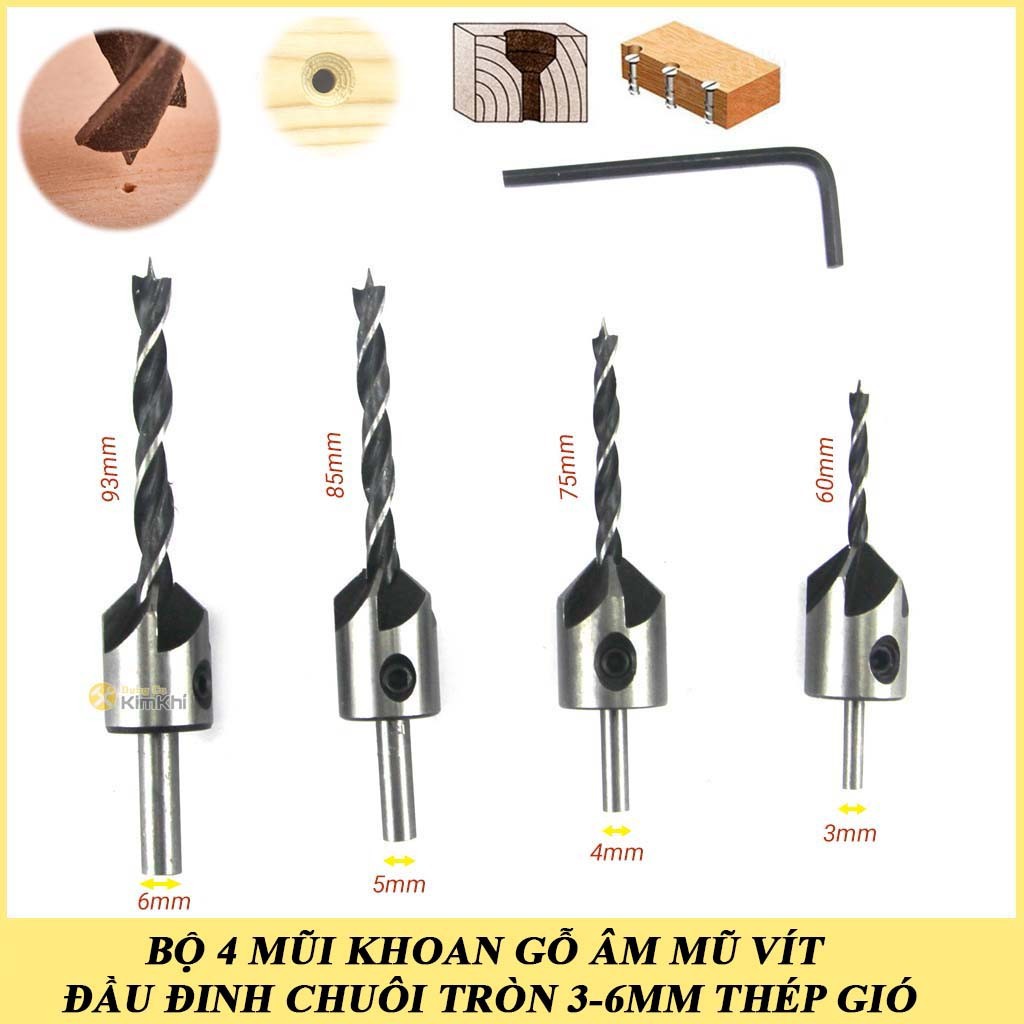 Bộ 4 mũi khoan gỗ âm mũ vít đầu đinh chuôi tròn 3-6mm