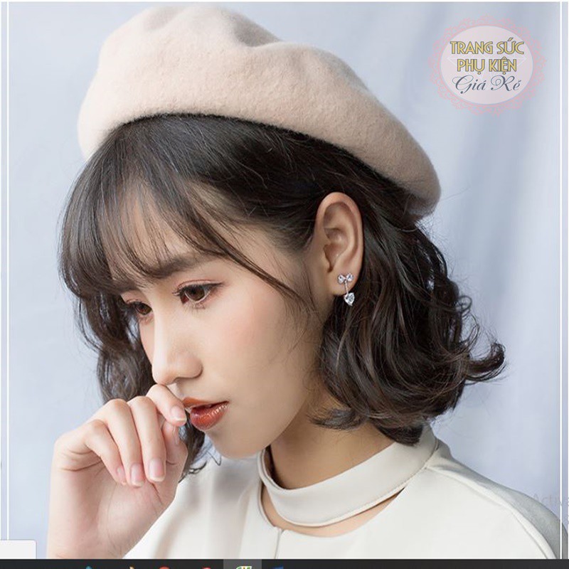 Bông tai nữ bạc Ý S925 thời trang Hàn Quốc hình nơ và trái tim nhỏ xinh HT142