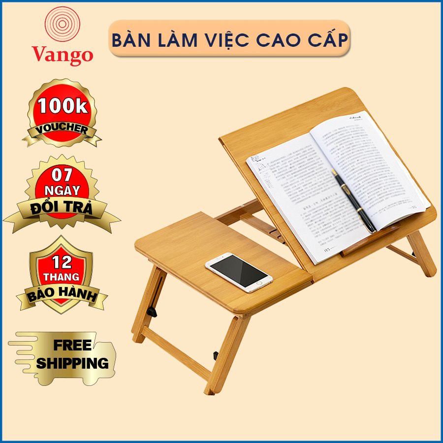 Bàn làm việc gỗ tre gấp thông minh, đa năng Vango V1, Bàn học gỗ tre tự nhiên cao cấp có kệ để Laptop & Sách